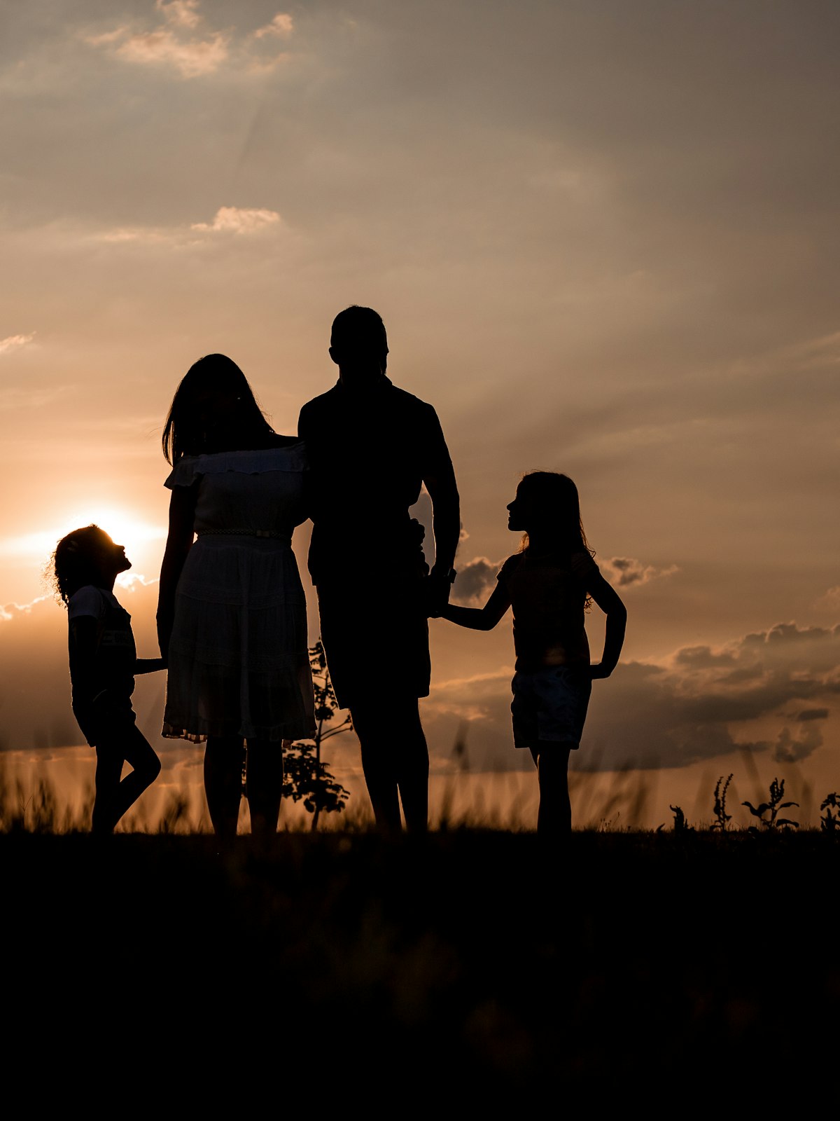 A family of four standing in a field at sunset