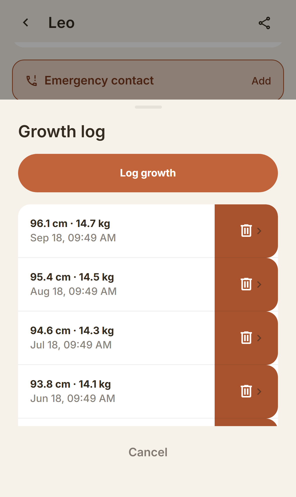 A growth log in FamilyDose, showing logged height and weight entries over time