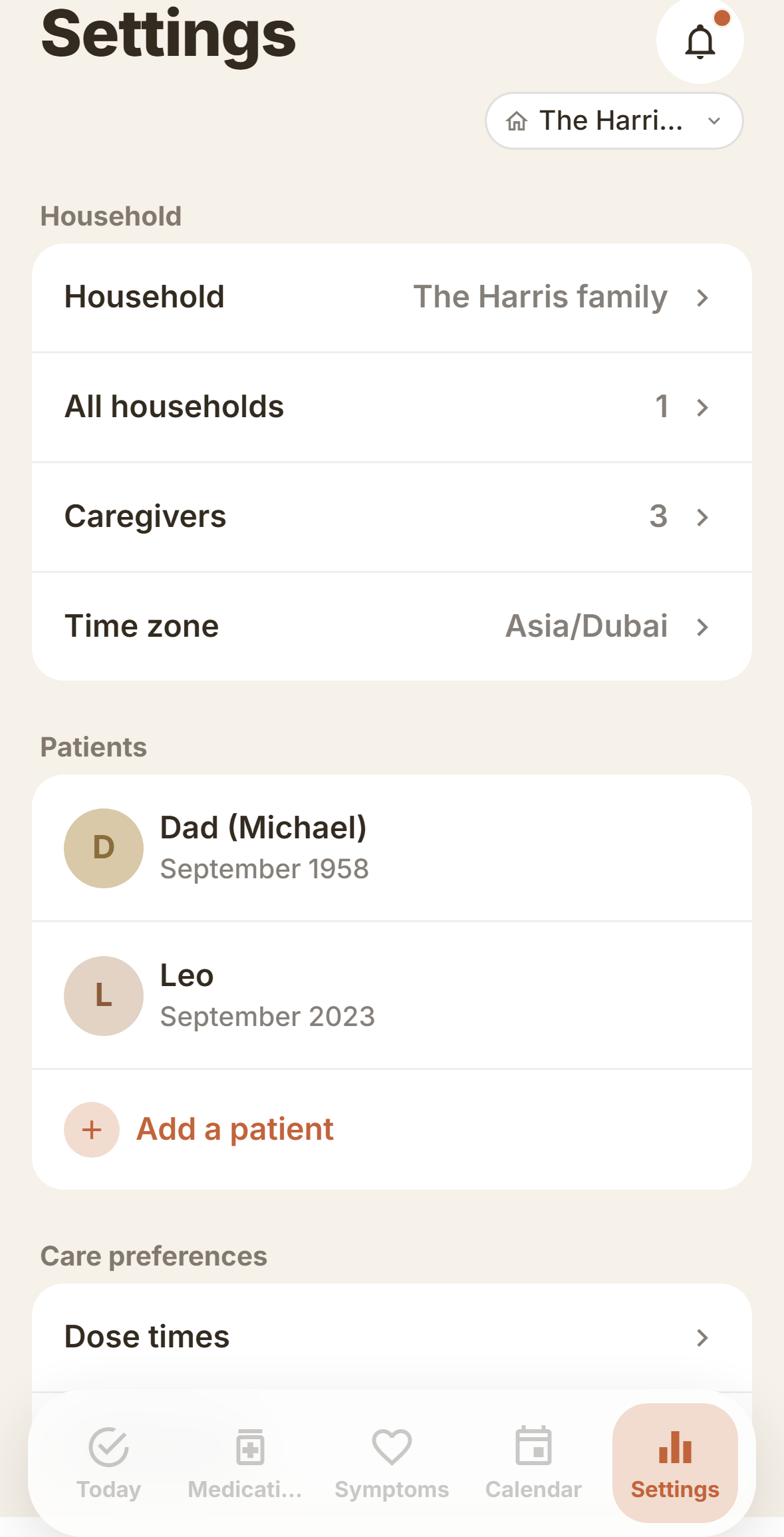 Household members in FamilyDose, showing each caregiver's access level