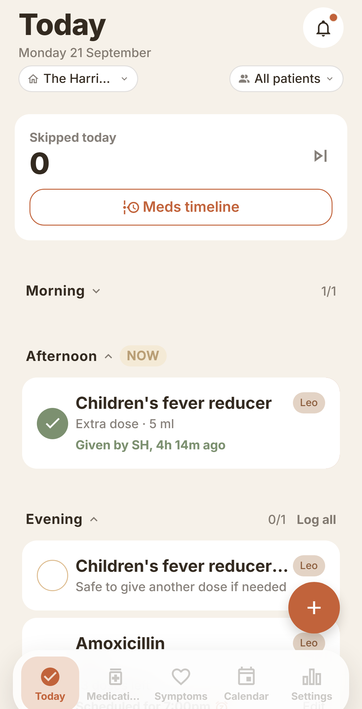 The Today screen in FamilyDose, showing which doses are due and which are already given