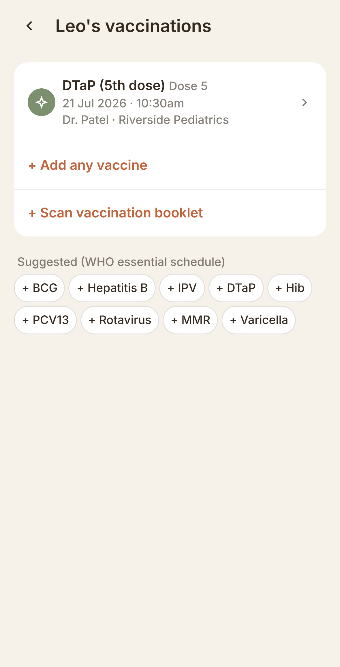 A vaccination record in FamilyDose, showing the vaccine, date, and dose
